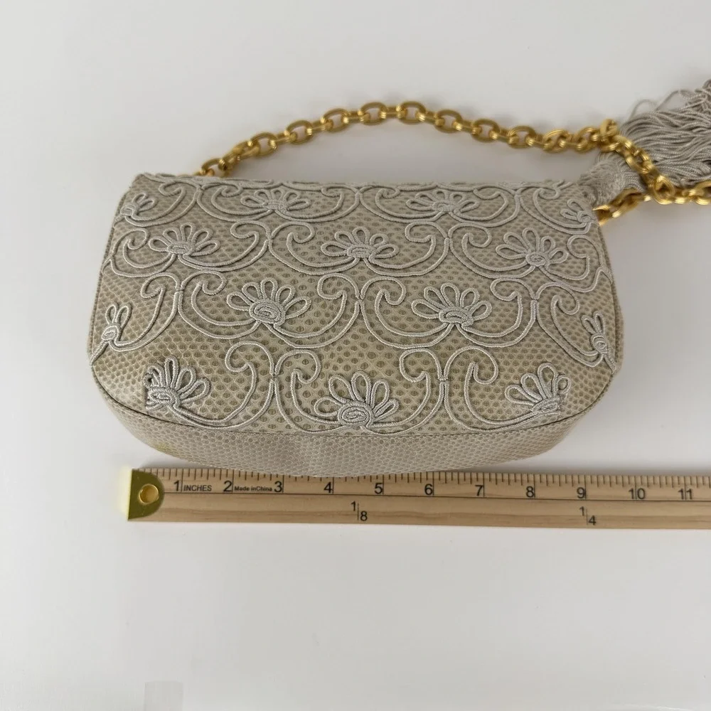 Vintage Judith Leiber Clutch Bag Womens Beige Reptile Leather Chain Tassel Italy